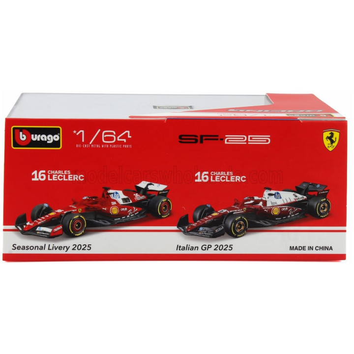 BURAGO FERRARI SET F1 2X SF-25 TEAM SCUDERIA FERRARI HP N 16 SEASON 2025 CHARLES LECLERC + 4th MONZA ITALY GP 2025 - CON