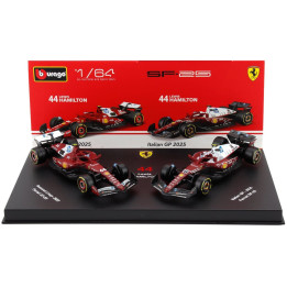 BURAGO FERRARI SET F1 2X SF-25 TEAM SCUDERIA FERRARI HP N 44 SEASON 2025 LEWIS HAMILTON + MONZA ITALY GP 2025 - CON VETRINA