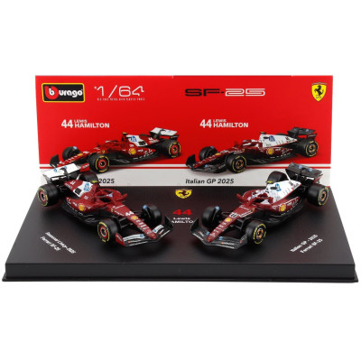 BURAGO FERRARI SET F1 2X SF-25 TEAM SCUDERIA FERRARI HP N 44 SEASON 2025 LEWIS HAMILTON + MONZA ITALY GP 2025 - CON VETRINA