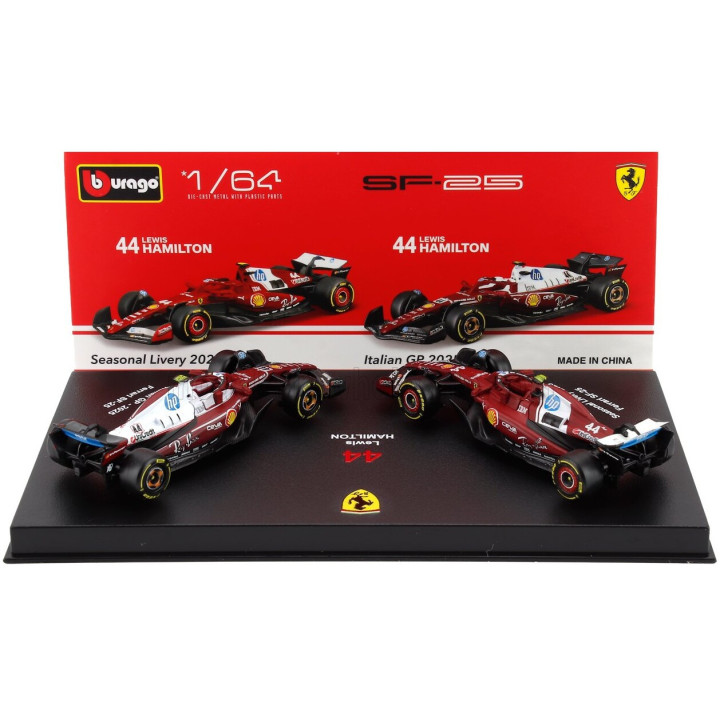 BURAGO FERRARI SET F1 2X SF-25 TEAM SCUDERIA FERRARI HP N 44 SEASON 2025 LEWIS HAMILTON + MONZA ITALY GP 2025 - CON VETRINA