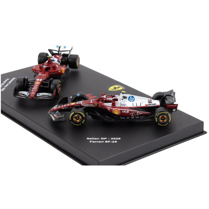 BURAGO FERRARI SET F1 2X SF-25 TEAM SCUDERIA FERRARI HP N 44 SEASON 2025 LEWIS HAMILTON + MONZA ITALY GP 2025 - CON VETRINA