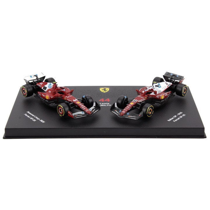 BURAGO FERRARI SET F1 2X SF-25 TEAM SCUDERIA FERRARI HP N 44 SEASON 2025 LEWIS HAMILTON + MONZA ITALY GP 2025 - CON VETRINA