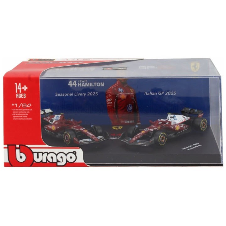 BURAGO FERRARI SET F1 2X SF-25 TEAM SCUDERIA FERRARI HP N 44 SEASON 2025 LEWIS HAMILTON + MONZA ITALY GP 2025 - CON VETRINA