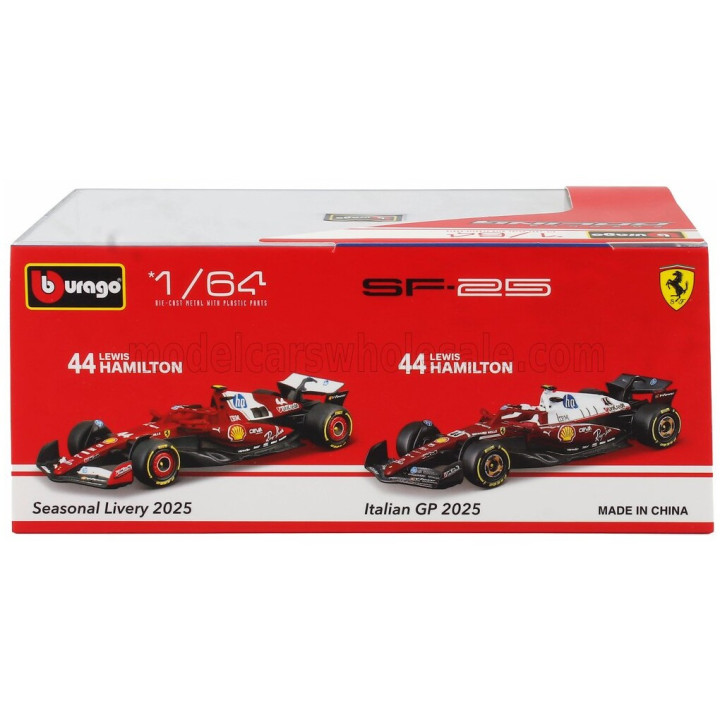 BURAGO FERRARI SET F1 2X SF-25 TEAM SCUDERIA FERRARI HP N 44 SEASON 2025 LEWIS HAMILTON + MONZA ITALY GP 2025 - CON VETRINA