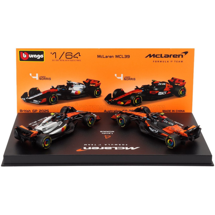 BURAGO McLAREN SET F1 2X MCL39 TEAM MCLAREN N 4 WORLD CHAMPION SEASON 2025 LANDO NORRIS + WINNER BRITISH GP 2025 - CON VETRINA