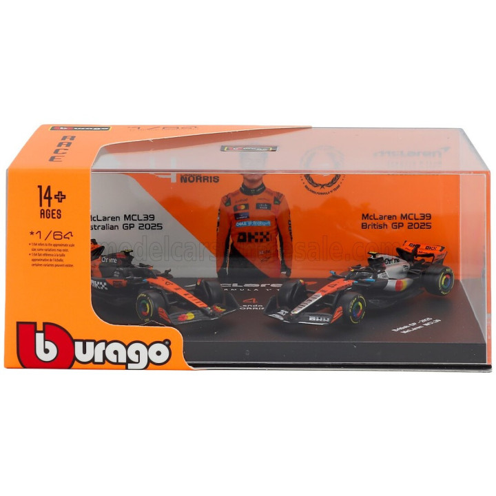 BURAGO McLAREN SET F1 2X MCL39 TEAM MCLAREN N 4 WORLD CHAMPION SEASON 2025 LANDO NORRIS + WINNER BRITISH GP 2025 - CON VETRINA