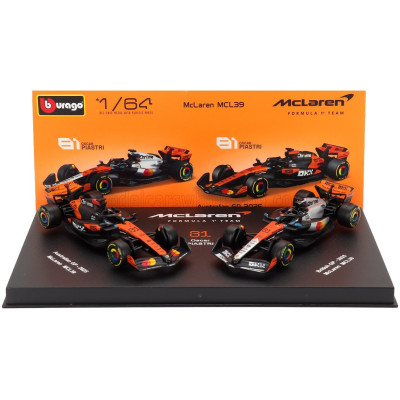 BURAGO McLAREN SET F1 2X MCL39 TEAM MCLAREN N 81 SEASON 2025 OSCAR PIASTRI + GP BRITISH 2025 - CON VETRINA - WITH SHOWCASE