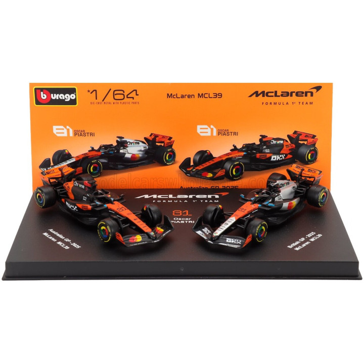 BURAGO McLAREN SET F1 2X MCL39 TEAM MCLAREN N 81 SEASON 2025 OSCAR PIASTRI + GP BRITISH 2025 - CON VETRINA - WITH SHOWCASE