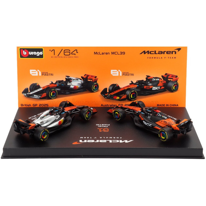 BURAGO McLAREN SET F1 2X MCL39 TEAM MCLAREN N 81 SEASON 2025 OSCAR PIASTRI + GP BRITISH 2025 - CON VETRINA - WITH SHOWCASE