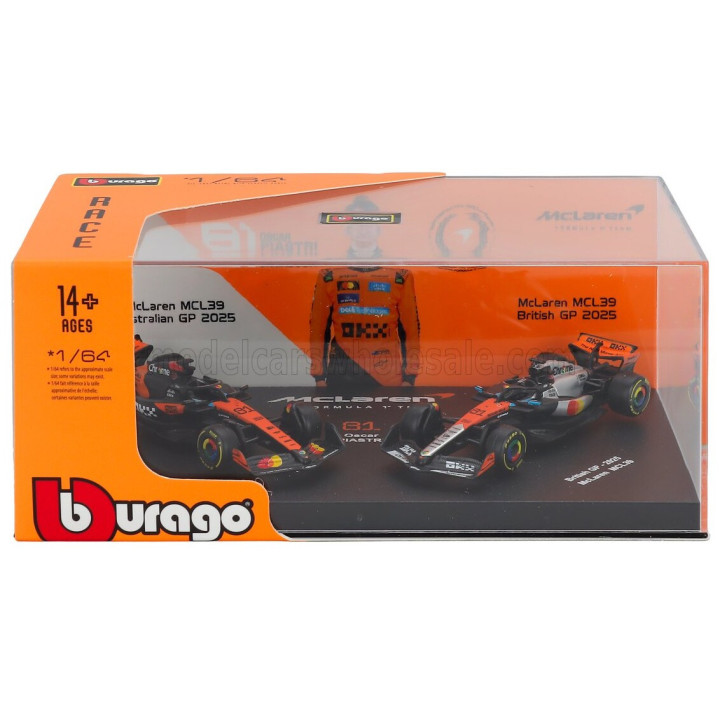 BURAGO McLAREN SET F1 2X MCL39 TEAM MCLAREN N 81 SEASON 2025 OSCAR PIASTRI + GP BRITISH 2025 - CON VETRINA - WITH SHOWCASE