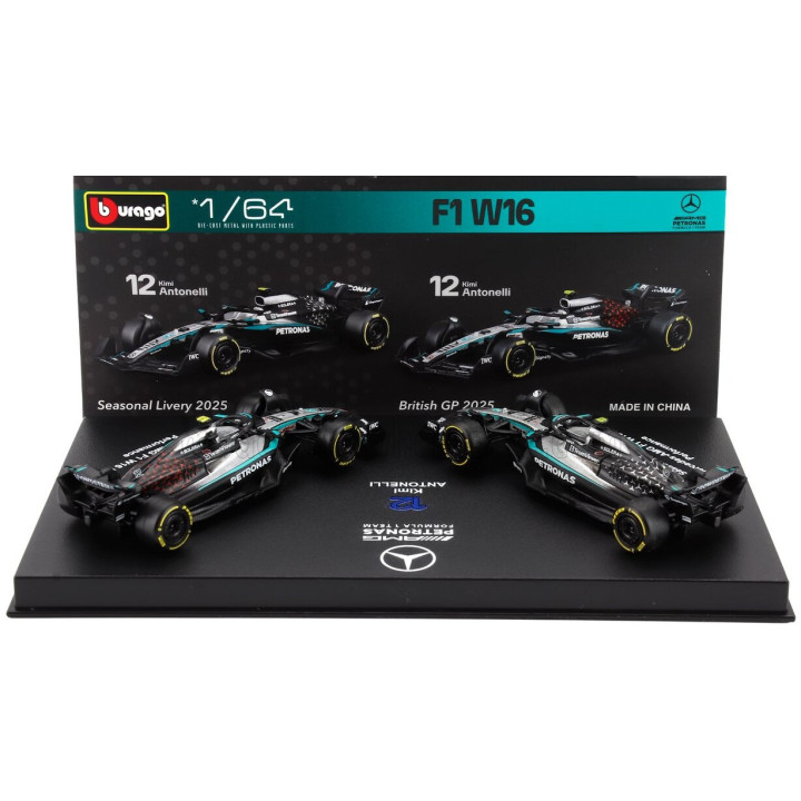 BURAGO MERCEDES GP SET F1 2X W16 TEAM AMG PETRONAS MOTORSPORT N 12 SEASON 2025 ANDREA KIMI ANTONELLI + BRITISH GP 2025 - CON