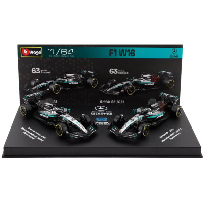 BURAGO MERCEDES GP SET F1 2X W16 TEAM AMG PETRONAS MOTORSPORT N 63 SEASON 2025 GEORGE RUSSELL + GP BRITISH 2025 - CON VETRINA
