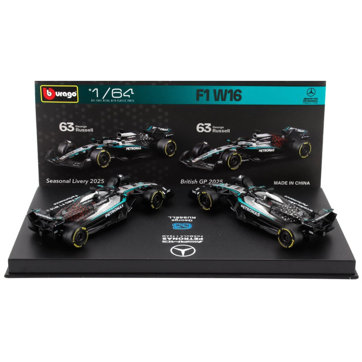 BURAGO MERCEDES GP SET F1 2X W16 TEAM AMG PETRONAS MOTORSPORT N 63 SEASON 2025 GEORGE RUSSELL + GP BRITISH 2025 - CON VETRINA