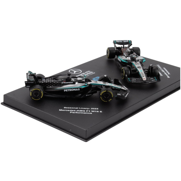 BURAGO MERCEDES GP SET F1 2X W16 TEAM AMG PETRONAS MOTORSPORT N 63 SEASON 2025 GEORGE RUSSELL + GP BRITISH 2025 - CON VETRINA