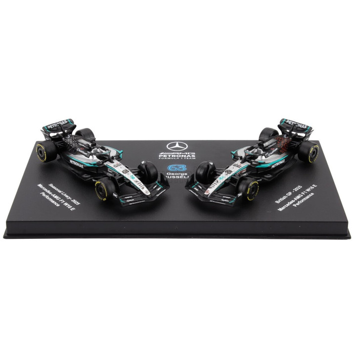 BURAGO MERCEDES GP SET F1 2X W16 TEAM AMG PETRONAS MOTORSPORT N 63 SEASON 2025 GEORGE RUSSELL + GP BRITISH 2025 - CON VETRINA