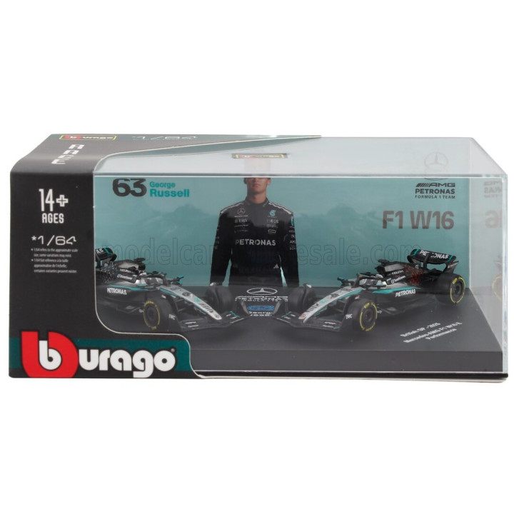 BURAGO MERCEDES GP SET F1 2X W16 TEAM AMG PETRONAS MOTORSPORT N 63 SEASON 2025 GEORGE RUSSELL + GP BRITISH 2025 - CON VETRINA