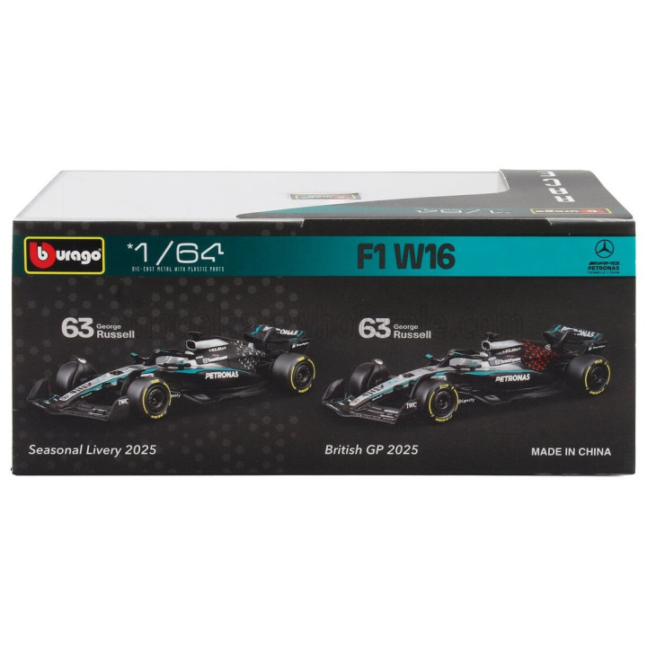 BURAGO MERCEDES GP SET F1 2X W16 TEAM AMG PETRONAS MOTORSPORT N 63 SEASON 2025 GEORGE RUSSELL + GP BRITISH 2025 - CON VETRINA