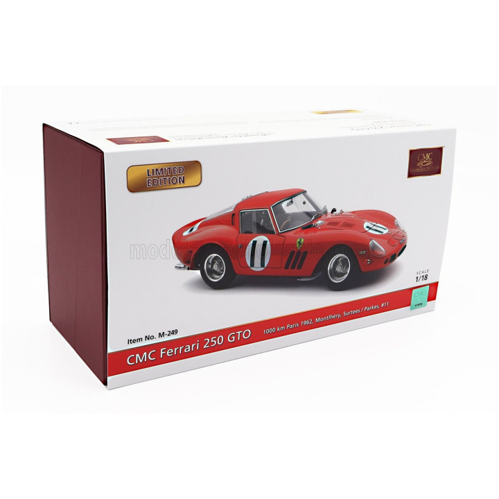 CMC FERRARI 250 GTO ch.3647 RHD COUPE N 11 2nd 1000km MONTLHERY 1962 JOHN SURTEES - MIKE PARKES - RED 1/18