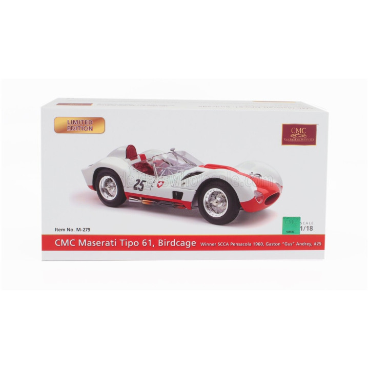 CMC MASERATI TIPO 61 2.9L S4 SPIDER BIRDCAGE N 25 WINNER PENSACOLA FLORIDA SCCA 1960 GASTON ANDREY - WHITE RED 1/18
