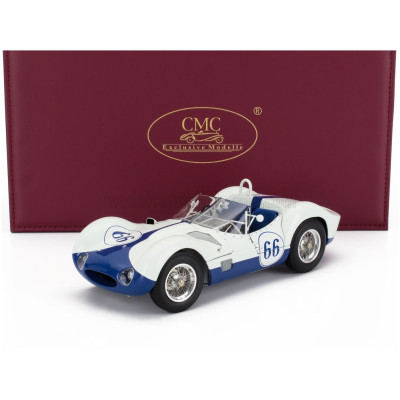 CMC MASERATI TIPO 61 2.9L S4 SPIDER BIRDCAGE N 66 WINNER CASTLE ROCK COLORADO SCCA 1960 JIM HALL - WHITE BLUE 1/18