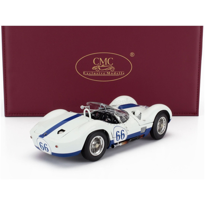 CMC MASERATI TIPO 61 2.9L S4 SPIDER BIRDCAGE N 66 WINNER CASTLE ROCK COLORADO SCCA 1960 JIM HALL - WHITE BLUE 1/18