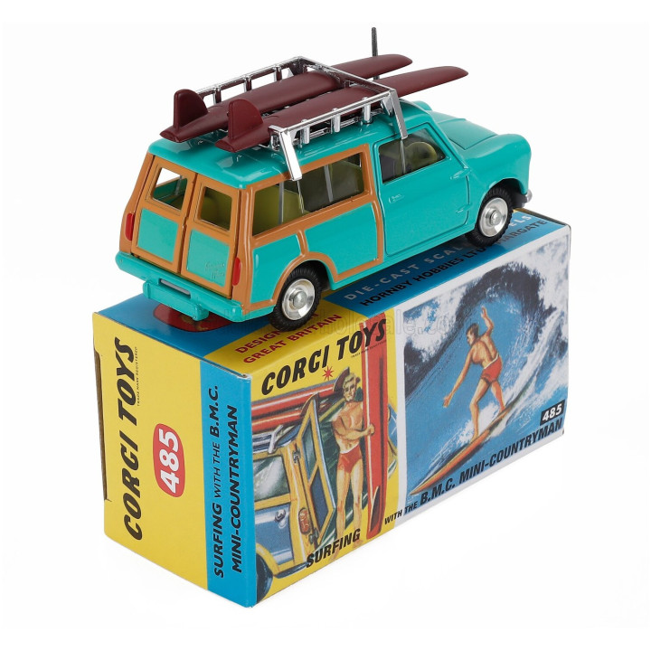 CORGI AUSTIN MINI COUNTRYMAN SURFING WITH FIGURES 1960 - GREEN WOOD 1/43