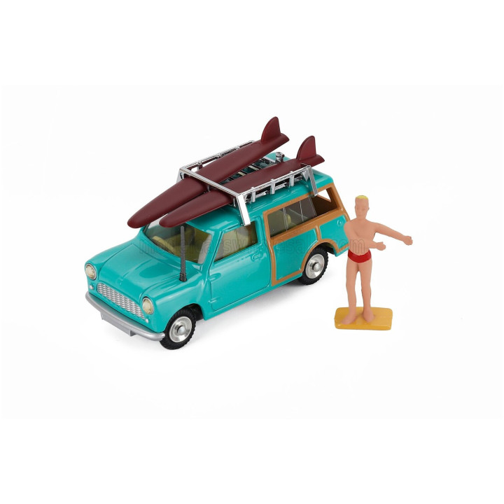 CORGI AUSTIN MINI COUNTRYMAN SURFING WITH FIGURES 1960 - GREEN WOOD 1/43
