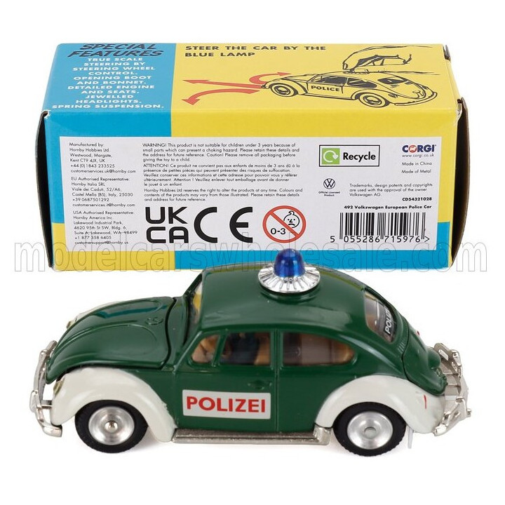 CORGI VOLKSWAGEN BEETLE MAGGIOLINO EUROPEAN POLIZEI DEUTSCHE POLICE CAR 1969 - GREEN WHITE 1/43