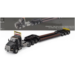 DM MODELS KENWORTH T880 TRUCK PIANALE SBFA DAYCAB TRIDEM TRACTOR WITH TRAIL KING LOWBOY TRAILER - BLACK 1/50