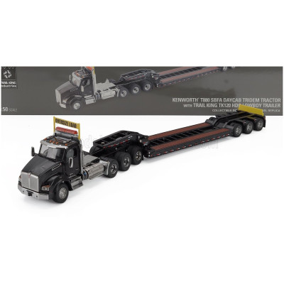 DM MODELS KENWORTH T880 TRUCK PIANALE SBFA DAYCAB TRIDEM TRACTOR WITH TRAIL KING LOWBOY TRAILER - BLACK 1/50