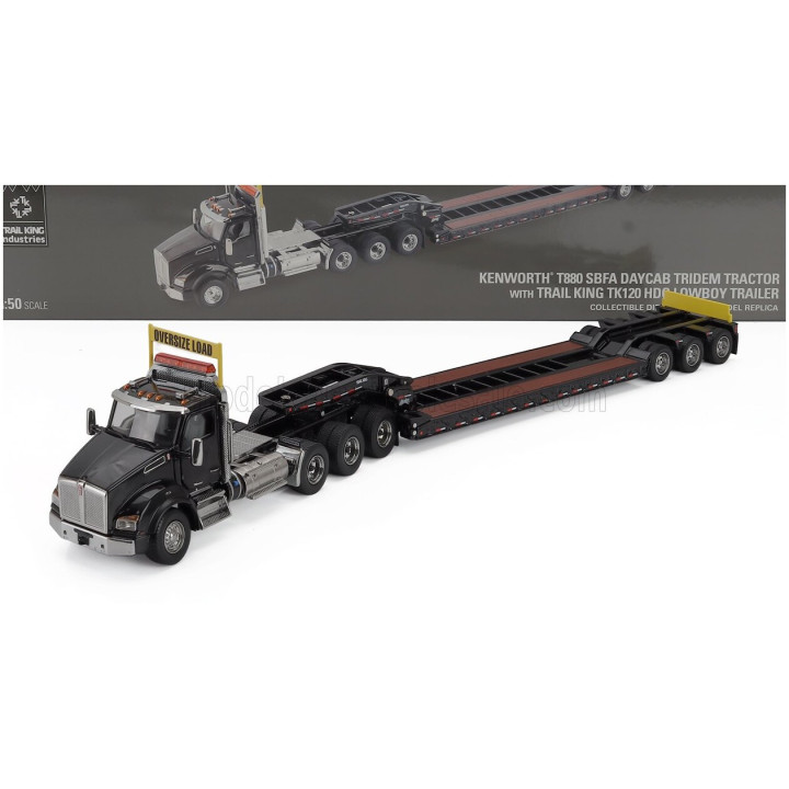 DM MODELS KENWORTH T880 TRUCK PIANALE SBFA DAYCAB TRIDEM TRACTOR WITH TRAIL KING LOWBOY TRAILER - BLACK 1/50