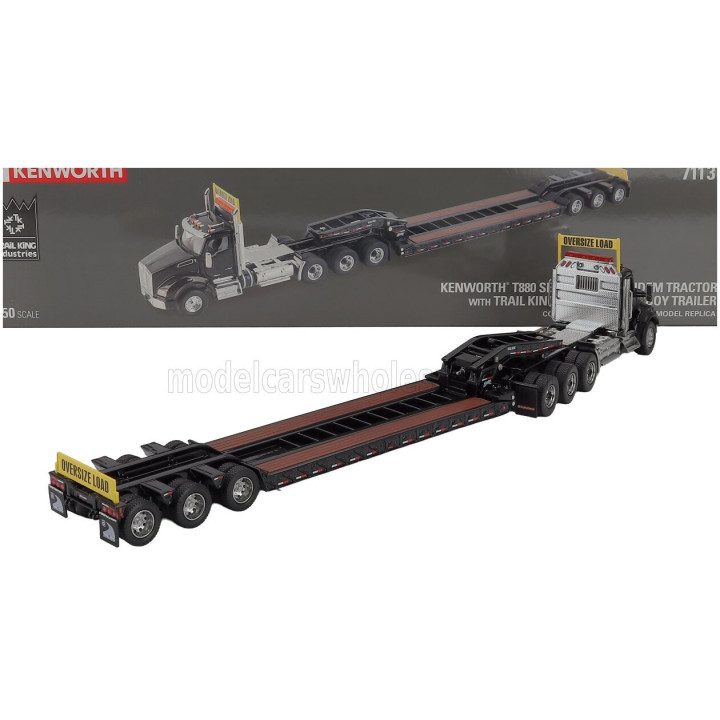 DM MODELS KENWORTH T880 TRUCK PIANALE SBFA DAYCAB TRIDEM TRACTOR WITH TRAIL KING LOWBOY TRAILER - BLACK 1/50