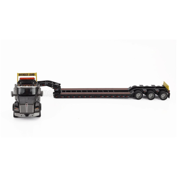 DM MODELS KENWORTH T880 TRUCK PIANALE SBFA DAYCAB TRIDEM TRACTOR WITH TRAIL KING LOWBOY TRAILER - BLACK 1/50
