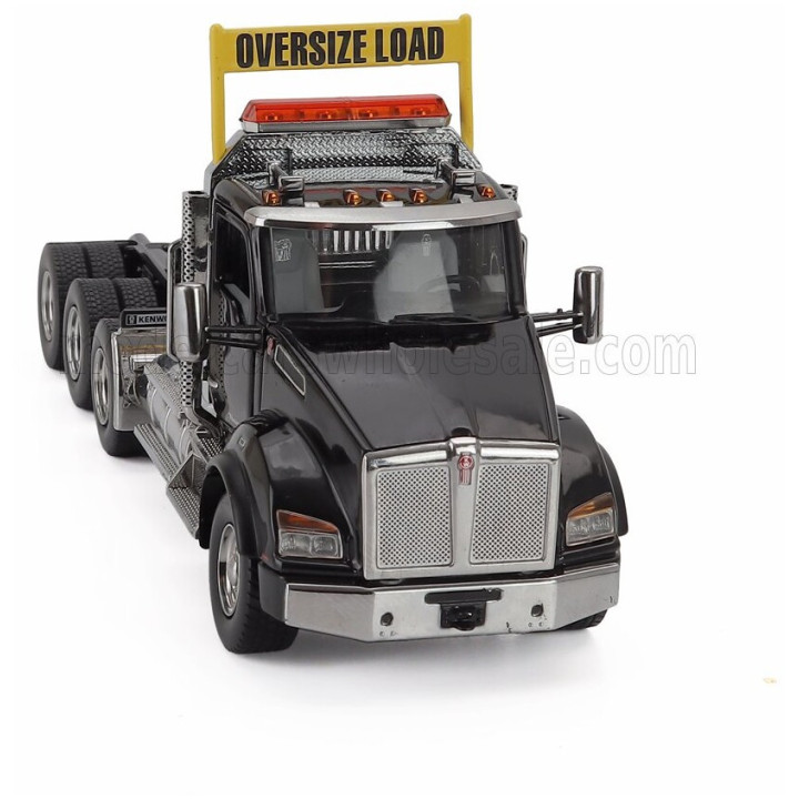 DM MODELS KENWORTH T880 TRUCK PIANALE SBFA DAYCAB TRIDEM TRACTOR WITH TRAIL KING LOWBOY TRAILER - BLACK 1/50