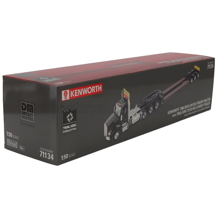 DM MODELS KENWORTH T880 TRUCK PIANALE SBFA DAYCAB TRIDEM TRACTOR WITH TRAIL KING LOWBOY TRAILER - BLACK 1/50