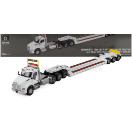 DM MODELS KENWORTH T880 TRUCK PIANALE SBFA DAYCAB TRIDEM TRACTOR WITH TRAIL KING LOWBOY TRAILER - WHITE 1/50
