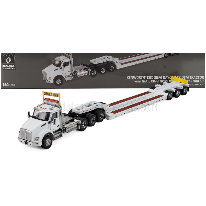 DM MODELS KENWORTH T880 TRUCK PIANALE SBFA DAYCAB TRIDEM TRACTOR WITH TRAIL KING LOWBOY TRAILER - WHITE 1/50