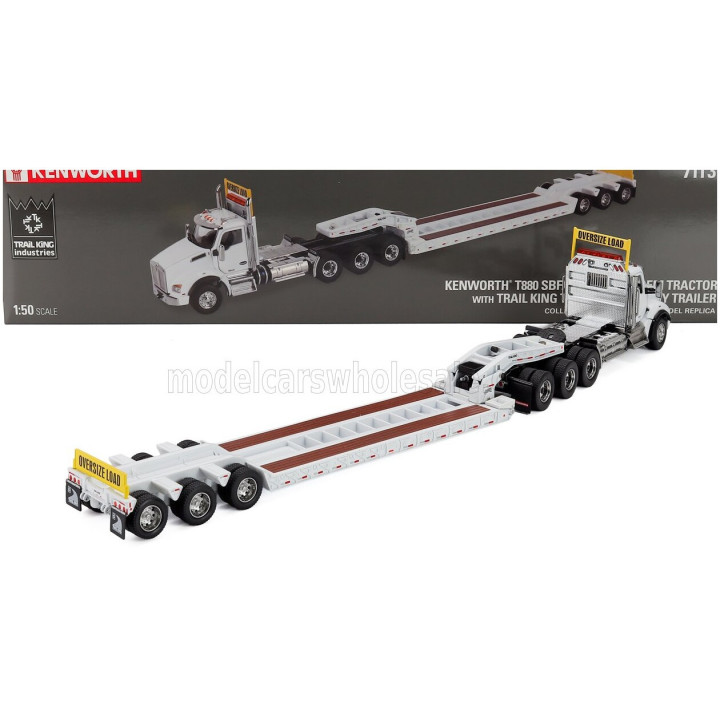 DM MODELS KENWORTH T880 TRUCK PIANALE SBFA DAYCAB TRIDEM TRACTOR WITH TRAIL KING LOWBOY TRAILER - WHITE 1/50