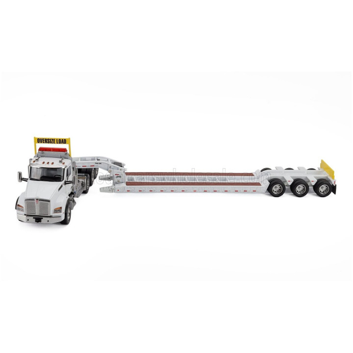 DM MODELS KENWORTH T880 TRUCK PIANALE SBFA DAYCAB TRIDEM TRACTOR WITH TRAIL KING LOWBOY TRAILER - WHITE 1/50