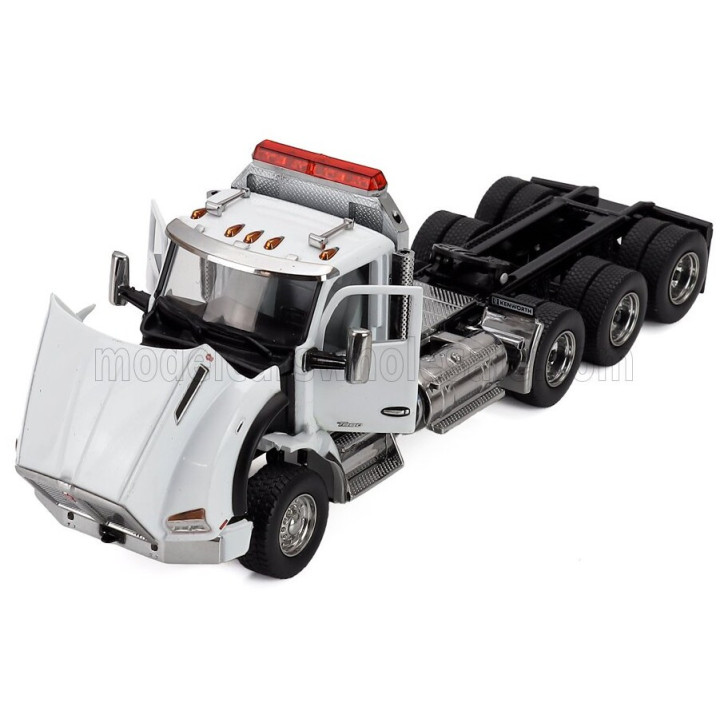 DM MODELS KENWORTH T880 TRUCK PIANALE SBFA DAYCAB TRIDEM TRACTOR WITH TRAIL KING LOWBOY TRAILER - WHITE 1/50