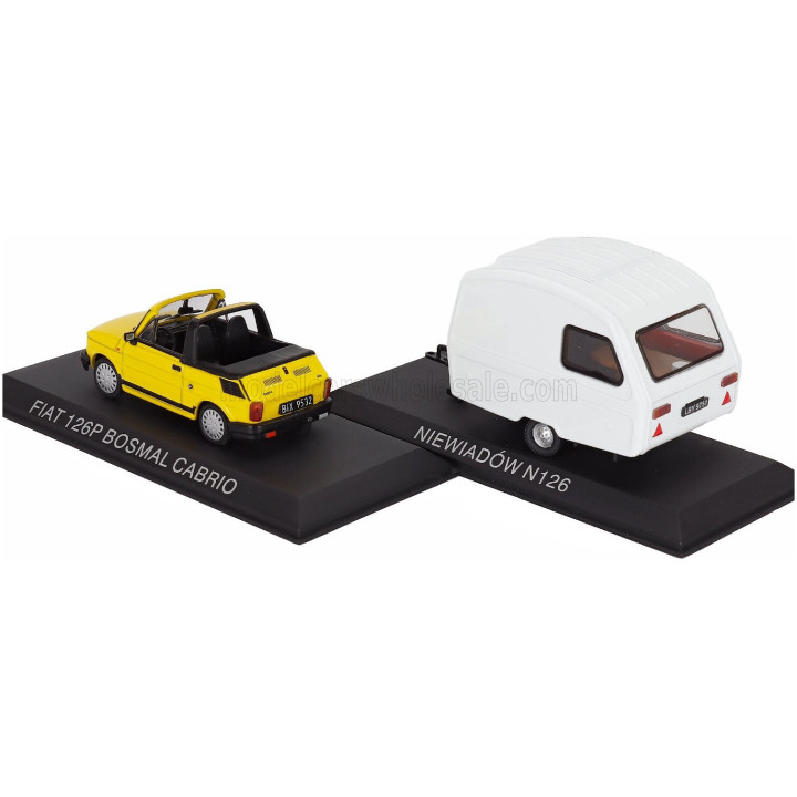 EDICOLA POLSKI FIAT 126P BOSMAL CABRIOLET 1987 WITH NIEWIADOW N126 ROULOTTE 1973 - YELLOW BLACK WHITE 1/43
