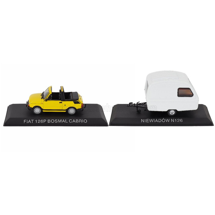 EDICOLA POLSKI FIAT 126P BOSMAL CABRIOLET 1987 WITH NIEWIADOW N126 ROULOTTE 1973 - YELLOW BLACK WHITE 1/43