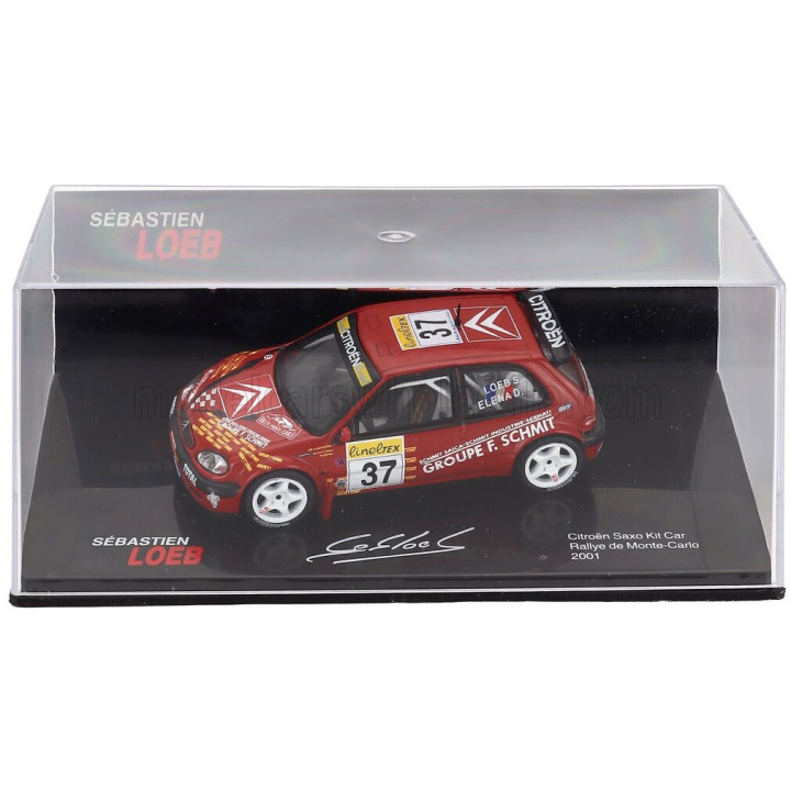 EDICOLA CITROEN SAXO KIT CAR N 37 RALLY MONTECARLO 2001 SEBASTIEN LOEB - DANIEL ELENA - CON VETRINA - WITH SHOWCASE - RED 1/43