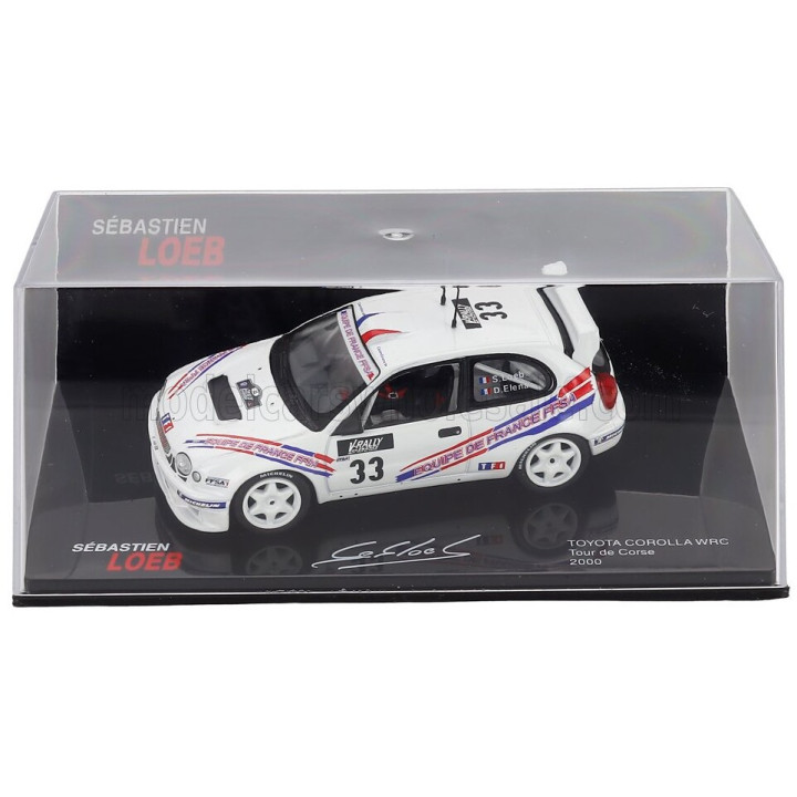 EDICOLA TOYOTA COROLLA WRC N 33 RALLY TOUR DE CORSE 2000 SEBASTIEN LOEB - DANIEL ELENA - CON VETRINA - WITH SHOWCASE - WHITE