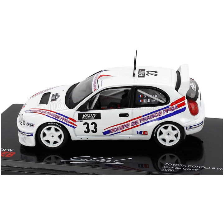 EDICOLA TOYOTA COROLLA WRC N 33 RALLY TOUR DE CORSE 2000 SEBASTIEN LOEB - DANIEL ELENA - CON VETRINA - WITH SHOWCASE - WHITE