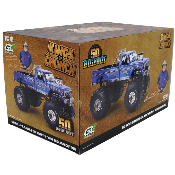 GREENLIGHT FORD USA F-250 PICK-UP MONSTER TRUCK BIGFOOT 1974 WITH BOB CHANDLER FIGURE - BLUE 1/18