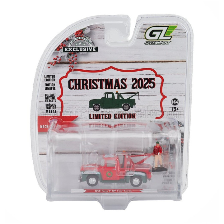 GREENLIGHT FORD USA F-100 PICK-UP TOW TRUCK WITH MECHANIC FIGURE 1956 - RED GREEN 1/64