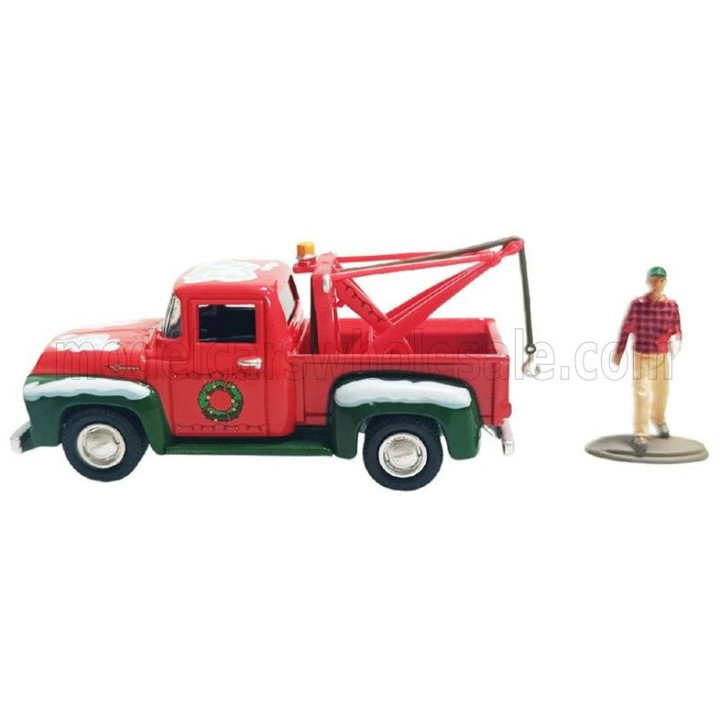 GREENLIGHT FORD USA F-100 PICK-UP TOW TRUCK WITH MECHANIC FIGURE 1956 - RED GREEN 1/64