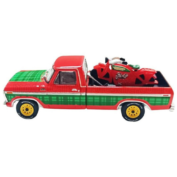 GREENLIGHT FORD USA F-250 PICK-UP WITH VINTAGE MOTORCYCLE 1978 - RED GREEN 1/64