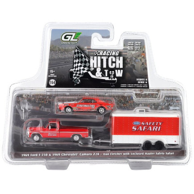 GREENLIGHT FORD USA F-250 PICK-UP 1969 + CHEVROLET Z/28 CAMARO COUPE WITH TRAILER SAFETY SAFARI - ORANGE WHITE 1/64
